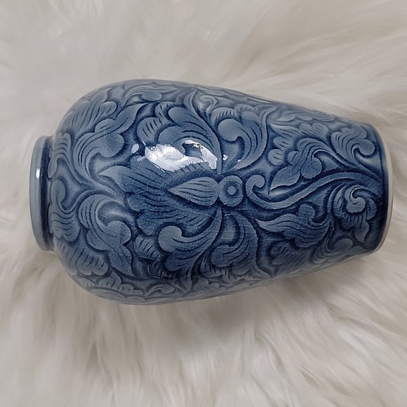 Vintage Siam Celadon Wood Ash Glaze Cobalt Blue Floral Textured Vase